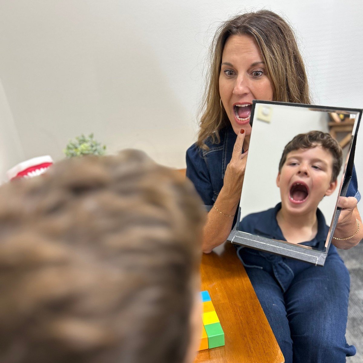 Woman and child holding a mirror showing excited expressions during a playful reflection activity
